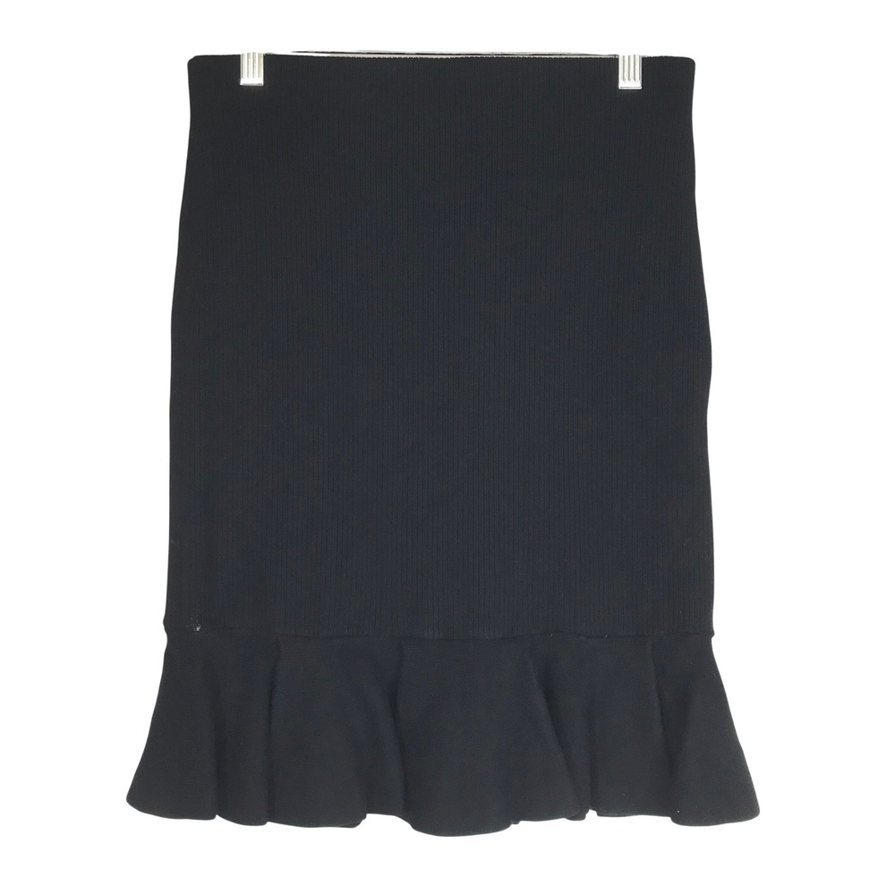 Express Black Ribbed Knit Pencil Midi Skirt with Ruffle Hem Size S